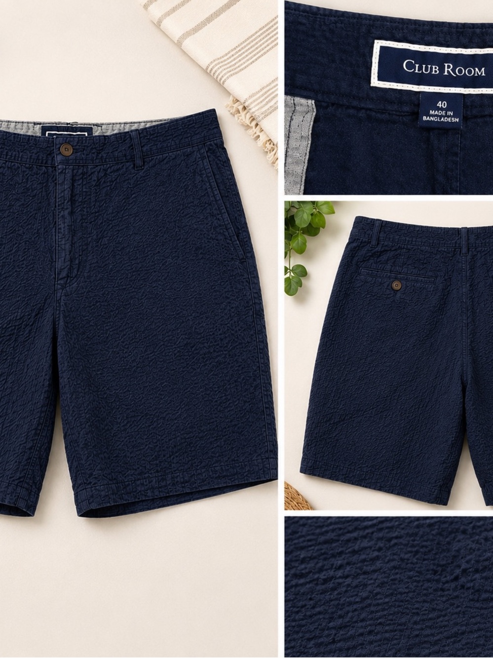 Club Room Navy Seersucker Flat Front Shorts